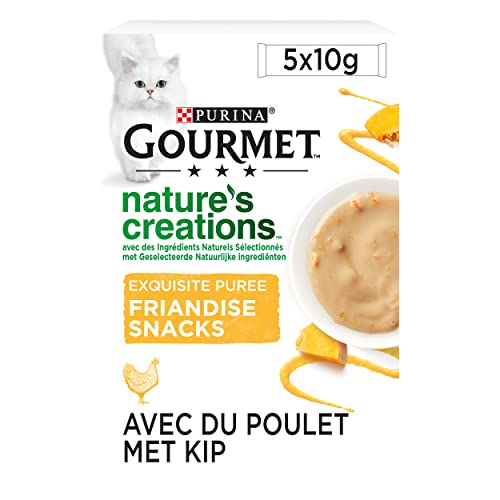 Gourmet Nature's Creations Exquisite Püree Katzensnacks, Nassfutter mit Huhn und einem Hauch Kürbis - 5x10g - 11er Box (55 Portionsbeutel; 0,55kg) von Gourmet