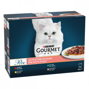 Gourmet Perle Mini Filets in Sauce mit Rind, Huhn, Kaninchen, Lachs Katzen-Nassfutter (85 g) 12 x 85 g von Gourmet