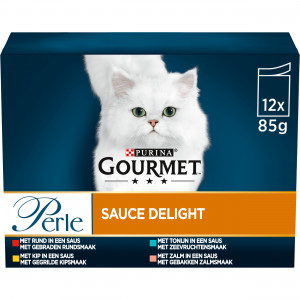 Gourmet Perle Sauce Delight mit Rind/Huhn/Thunfisch/Lachs Katzen-Nassfutter 12x85 gr 12 x 85 g von Gourmet