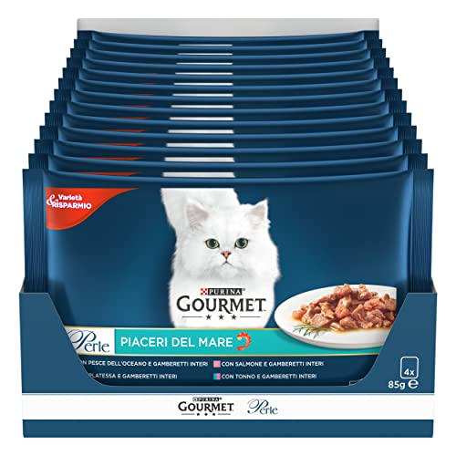 Gourmet Perlen Katze Meeresvergnügen mit Lachs, Platessa, Thunfisch und Meeresfisch, 4 x 85 g - Packung mit 12 Stück von Gourmet