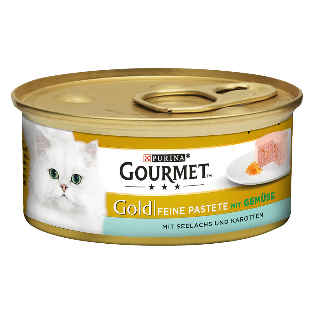 Mixpaket Gourmet Gold Feine Pastete 48 x 85 g - Mix 7: Ente/Spinat, Seelachs/Karotte, Forelle/Tomate, Lamm/Bohnen von Gourmet