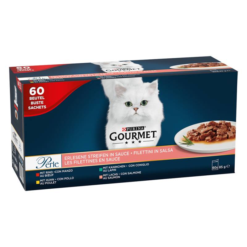 Mixpaket Gourmet Perle 60 x 85 g - Erlesene Streifen: Rind, Kaninchen, Lachs und Huhn von Gourmet