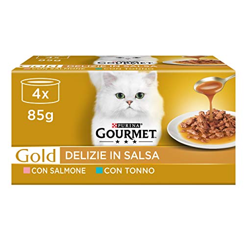 PURINA GOURMET GOLD Feuchte Katze Köstlichkeiten in Sauce mit Lachs und Thunfisch - 48 Dosen à 85g je (12 Packungen à 4 x 85g) von Gourmet