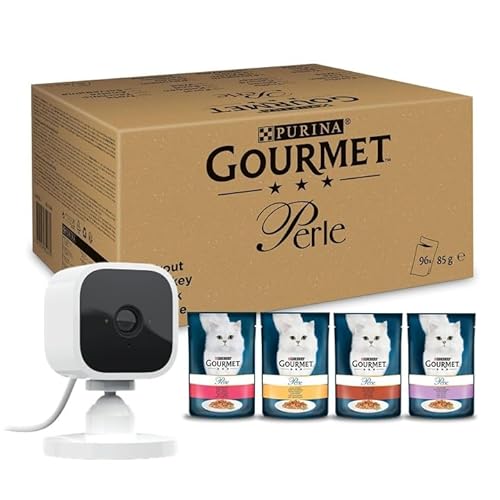 PURINA GOURMET Perle Erlesene Streifen in Gelee, 96 Portionsbeutel Katzenfutter nass + Blink Mini – Kompakte, smarte Plug-in-Überwachungskamera für innen, 1080p-HD-Video, Nachtsicht, Zwei-Wege-Audio von Gourmet