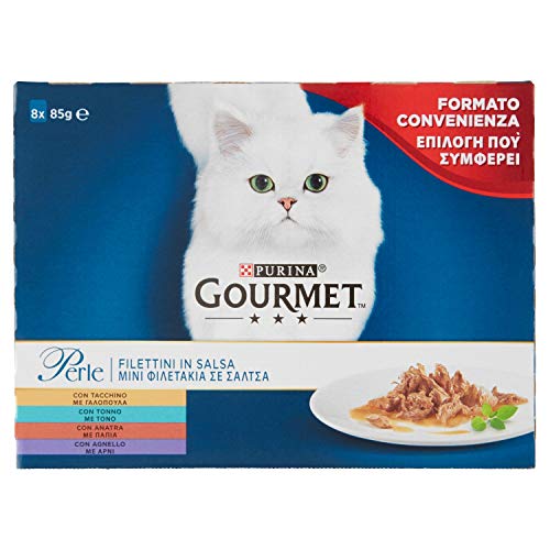 Purina Gourmet Filets in feuchter Sauce Katzen mit Truthahn, Thunfisch, Ente und Lamm, 8 Beutel à 85 g von Gourmet