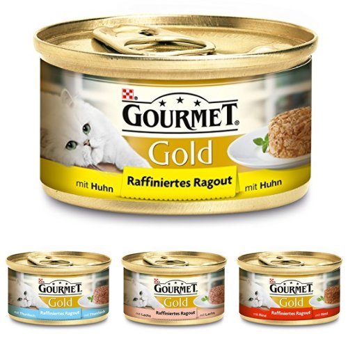 Purina Gourmet Gold Raffiniertes Ragout Mixpaket Katzennassfutter, Huhn, Thunfisch, Lachs und Rind, 48er Pack (4 x 12 x 85 g Dose) von Gourmet