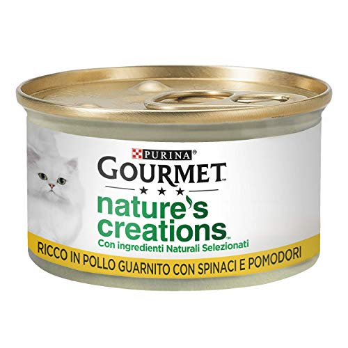 Purina Gourmet Nature's Creations Nassfutter für Katzen, reich an Huhn, garniert mit Spinat und Tomaten, 24 Dosen à 85 g von Gourmet