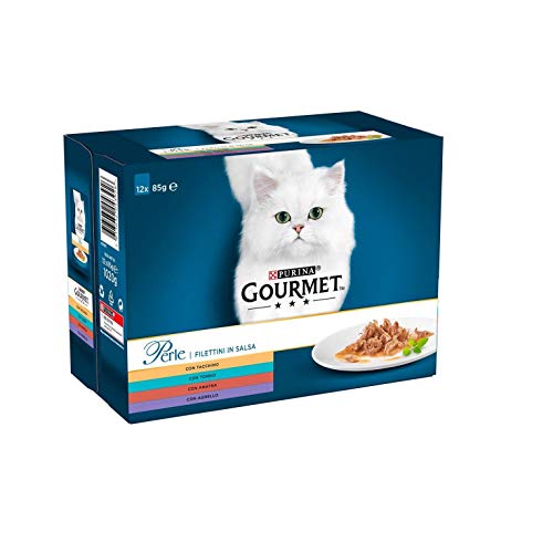 Purina Gourmet Feuchtperlen Katze Filets in Sauce mit Truthahn, Thunfisch, Ente, Lamm - 72 Beutel à 85 g (6 Packungen à 12 x 85 g) von Gourmet