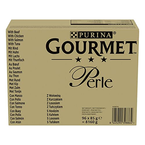 Purina Gourmet Perlen Filets in Sauce Nassfutter für Katzen mit Rind, Huhn, Lachs, Thunfisch, 96 Beutel à 85 g von Gourmet