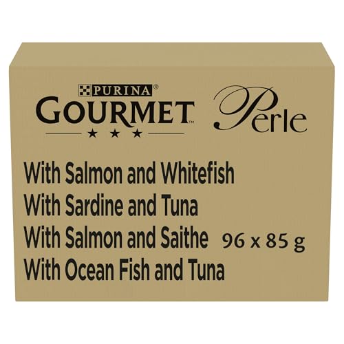 Purina Gourmet Filettini-Perlen in feuchter Sauce Katzen mit Lachs, Sardinen, Kabeljau, Meeresfisch, 96 Beutel à 85 g von Gourmet