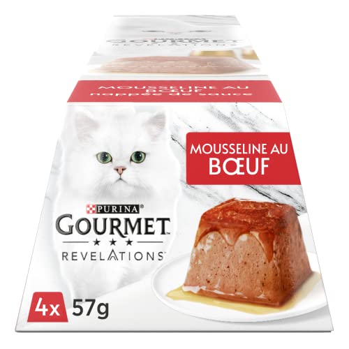 GOURMET Empfehlungen, Katze, Musselin mit Rindfleisch, Sauce, Mahlzeiten für ausgewachsene Katzen, 4 x 57 g von Gourmet