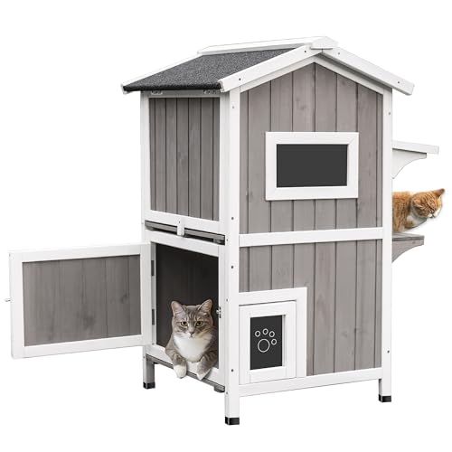 Gowoodhut Outdoor-Katzenhaus für Außenkatzen, Katzenhaus für Wildkatzen, 2-stöckig, Holz-Katzengehege mit 3 Fluchttüren, 2 abnehmbaren Böden, wetterfestes Dach von Gowoodhut