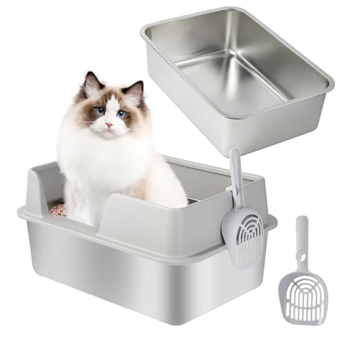 Goyappin Katzentoilette aus Edelstahl, Katzentoilette aus Metall mit Schaufel, Große Katzentoilette aus Edelstahl, hohe Seiten, Metall-Katzentoilette für große Katzen, nicht klebrig, Anti-Auslauf, von Goyappin