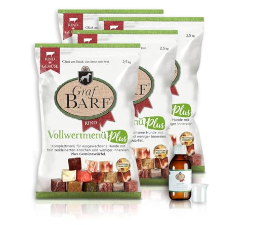 Graf Barf Komplettpaket aus Menüs Rind mit fein zerkleinerten Knochen und Gemüse (4xVollwertmenü Plus Rind 2,5kg, 1xSpezial Öl 200ml) Barf-Hundefutter für Hunde mit einem Körpergewicht ab 4kg-10kg von Graf BARF