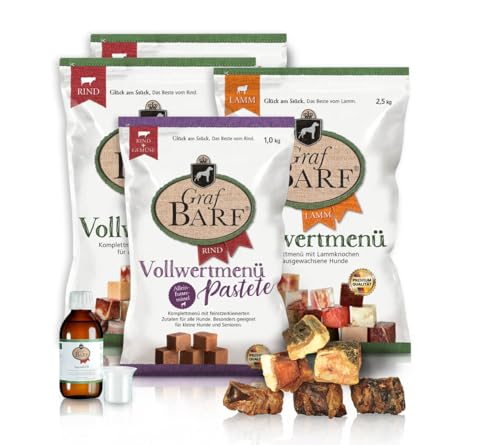 Graf Barf Vielfalt aus Menüs vom Rind & Lamm und Trockenartikel (2xVollwertmenü Rind 2,5kg, 1xVollwertmenü Lamm 2,5kg, 1xVollwertmenü Pastete 1kg, 2xKnusper-Mix getr. 170g, 1xSpezial Öl 200ml)-8,84kg von Graf BARF