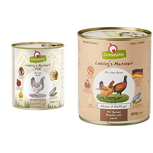 GranataPet Liebling's Mahlzeit Geflügel PUR, Nassfutter für Hunde, Hundefutter ohne Getreide & Zuckerzusätze, 6 x 800 g & Liebling's Mahlzeit Fasan & Geflügel, Nassfutter für Hunde, 6 x 800 g von GranataPet