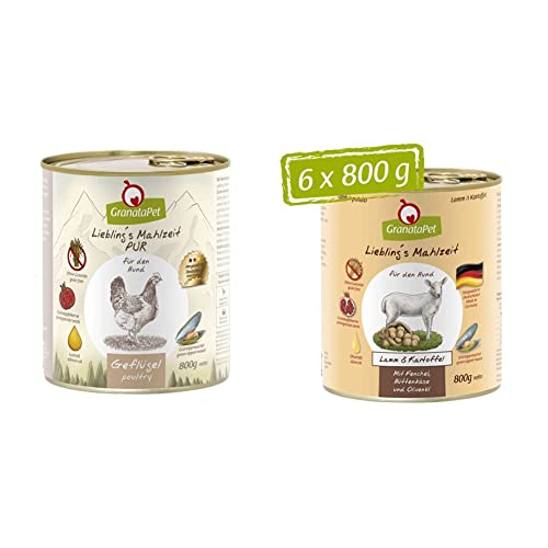 GranataPet Liebling's Mahlzeit Geflügel PUR, Nassfutter für Hunde, Hundefutter ohne Getreide & Zuckerzusätze, 6 x 800 g & Liebling's Mahlzeit Lamm & Kartoffel, Nassfutter für Hunde, 6 x 800 g von GranataPet