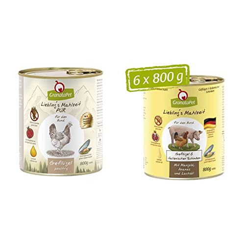 GranataPet Liebling's Mahlzeit Geflügel PUR, Nassfutter für Hunde, ohne Getreide & Zuckerzusätze, 6 x 800 g & Liebling's Mahlzeit Geflügel & Italienischer Schinken, Nassfutter für Hunde, 6 x 800 g von GranataPet