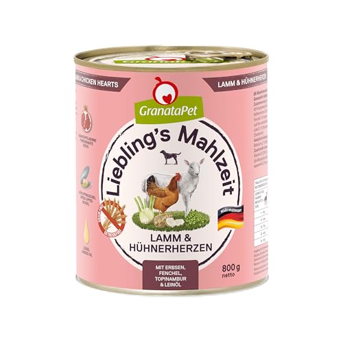 GranataPet Liebling's Mahlzeit Lamm & Hühnerherzen, Nassfutter für Hunde, Hundefutter ohne Getreide & ohne Zuckerzusätze, Alleinfuttermittel, 6 x 800 g von GranataPet