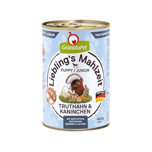 GranataPet Liebling's Mahlzeit Truthahn & Kaninchen Junior, Nassfutter für Hunde, Hundefutter ohne Getreide & ohne Zuckerzusätze, Alleinfuttermittel, 6 x 400 g von GranataPet