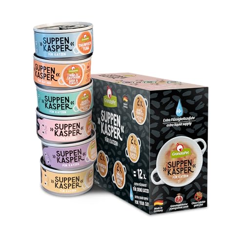 GranataPet Suppenkasper Multipack 6 Sorten, 12 x 70 g, Snacks für Katzen, Leckerchen für extra Flüssigkeitszufuhr, Suppe gegen den kleinen Hunger, Katzenfutter ohne Getreide und ohne Zuckerzusätze von GranataPet