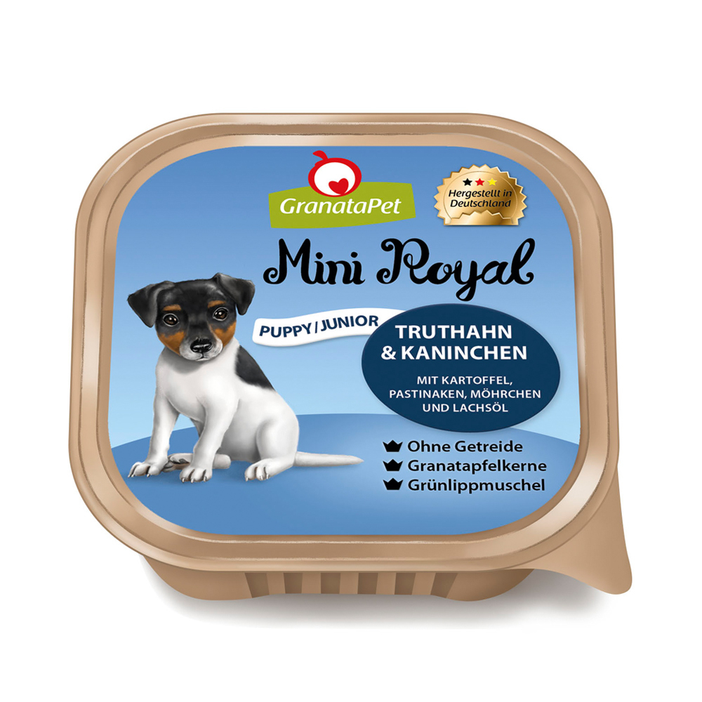 GranataPet | Puppy/Junior Truthahn & Kaninchen mit Kartoffeln, Pastinaken, Möhrchen und Lachsöl | Mini Royal | 22 x 150 g von Granatapet