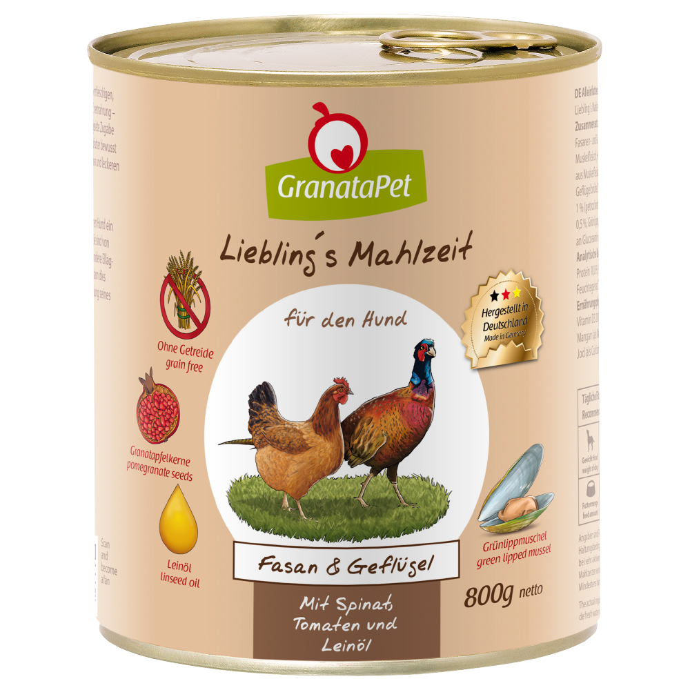 Sparpaket GranataPet Liebling's Mahlzeit 24 x 800 g - Fasan & Geflügel mit Spinat, Tomaten und Leinöl von Granatapet