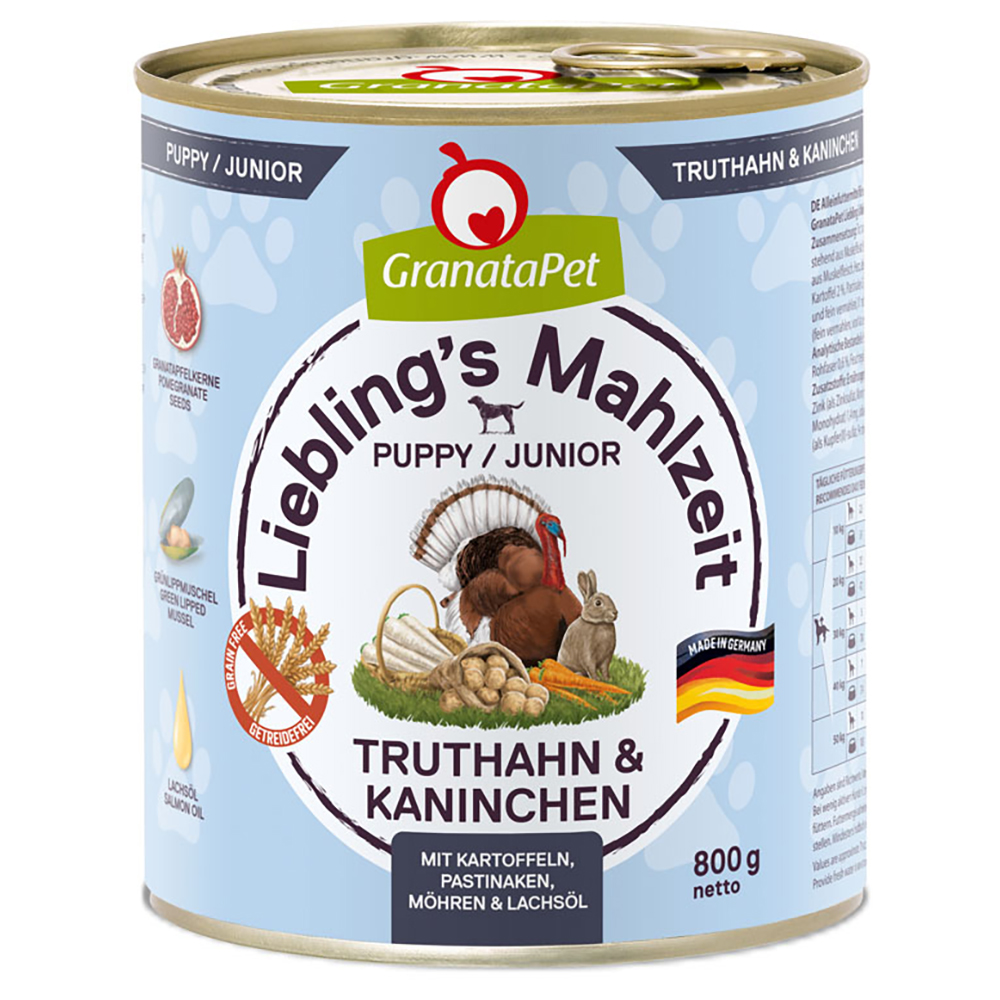 Sparpaket GranataPet Liebling's Mahlzeit 24 x 800 g - Junior Truthahn & Kaninchen mit Kartoffel, Pastinaken & Lachsöl von Granatapet