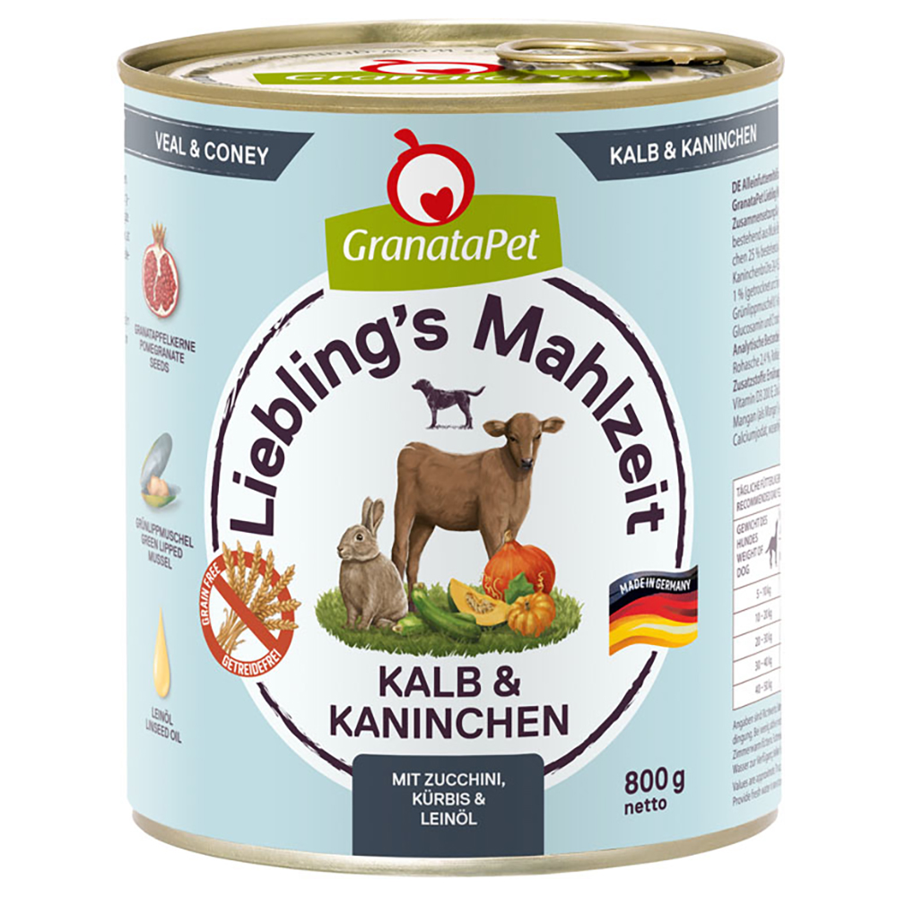 Sparpaket GranataPet Liebling's Mahlzeit 24 x 800 g - Kalb & Kaninchen mit Zucchini, Kürbis und Leinöl von Granatapet