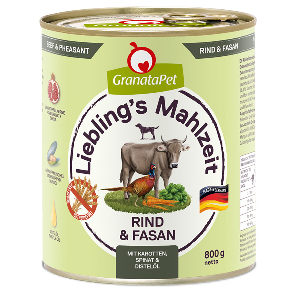 Sparpaket GranataPet Liebling's Mahlzeit 24 x 800 g - Rind & Fasan mit Karotten, Spinat und Distelöl von Granatapet