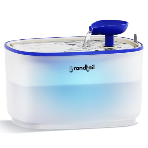 Grandtail 2.5 L Automatische Trinkbrunnen mit LED-Licht Automatischer Katzenbrunnen und Hundebrunnen Edelstahl-Wasserspender mit Sichtbarem Wasserstand und Kabelloser Pumpe von Grandtail