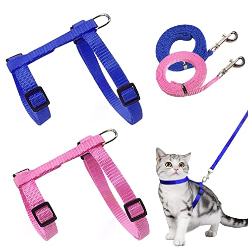 2 Stück Verstellbare Nylon Geschirre Katzenleine, Blau Rosa Geschirre Katzenleine Kätzchenhalsband，Weiche Katzengeschirr mit Leine für Kätzchen Welpe von Grantop