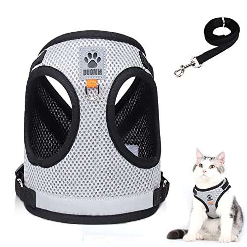 Katzengeschirr und Leine Set, ausbruchsichere Katze Kätzchen Walking Vest mit Leine, verstellbare weiche reflektierende Netzweste, Geschirr und Leine für kleine mittelgroße Katzen Haustiere (grau, M) von Grantop