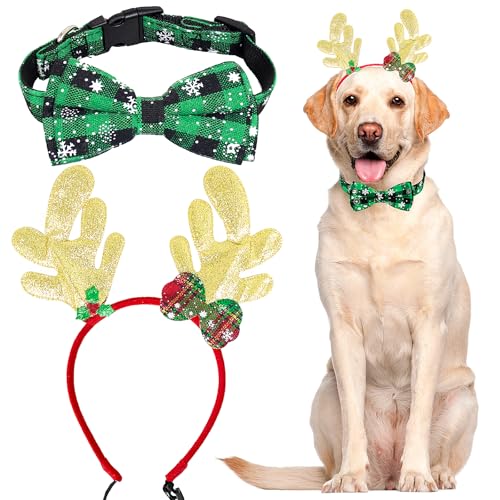 Weihnachts-Hundehalsband-Set, strapazierfähiges Hundehalsband mit Schleife aus Baumwolle, bequem und verstellbar für kleine, mittelgroße und große Hunde (Grün, L) von Grantop