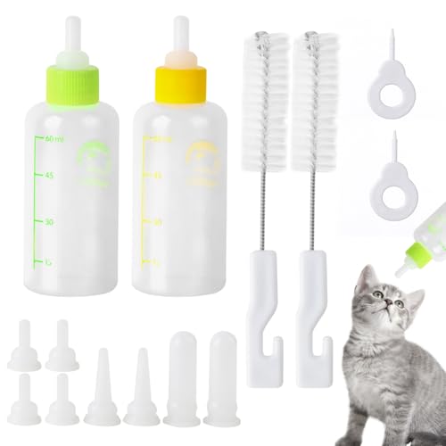 Graplan 2 Stück Aufzuchtflasche Katze 60ml Haustier Babyflasche Kit,Welpenmilch Aufzuchtflasche,Haustiere Aufzuchtflasche,Kitten Flasche Set Enthält Flasche,Saugern,Bürste und Durchgangsloch Nadel von Graplan