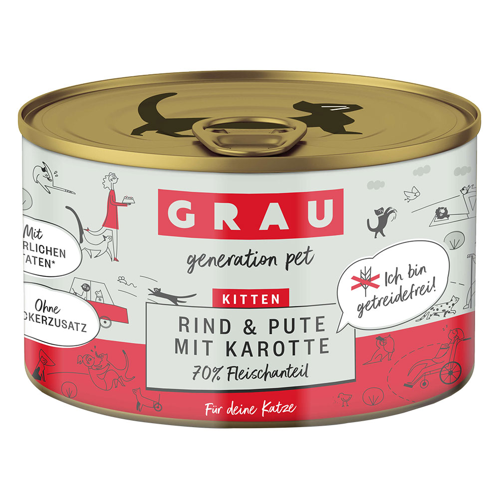 GRAU Kitten Getreidefrei 6 x 200 g - Rind, Pute & Karotten von Grau