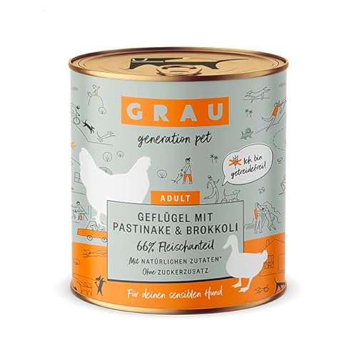 GRAU – das Original – Nassfutter für Hunde - Geflügel mit Pastinake/Brokkoli, 6er Pack (6 x 800 g), getreidefrei, für sensible erwachsene Hunde von Grau