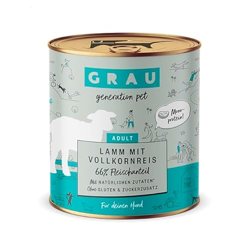 GRAU – das Original – Nassfutter für Hunde - Lamm mit Vollkornreis, 6er Pack (6 x 800 g), Monoprotein, glutenfrei, für erwachsene Hunde von Grau