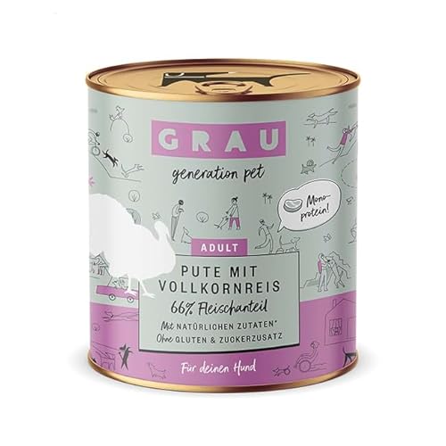 GRAU – das Original – Nassfutter für Hunde - Pute mit Vollkornreis, 6er Pack (6 x 800 g), Monoprotein, glutenfrei, für erwachsene Hunde von Grau