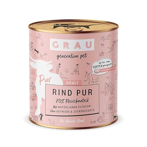 GRAU – das Original – Nassfutter für Hunde - Rind Pur, 6er Pack (6 x 800 g), Monoprotein, für erwachsene Hunde von Grau