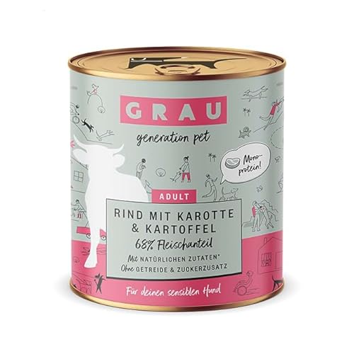 GRAU – das Original – Nassfutter für Hunde - Rind mit Karotte & Kartoffel, 6er Pack (6 x 800 g), Monoprotein, getreidefrei, für sensible erwachsene Hunde von Grau