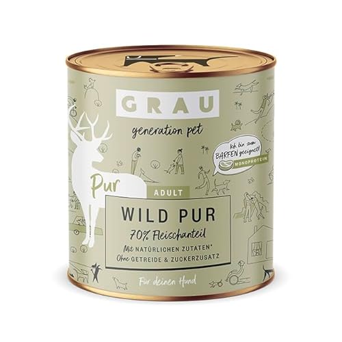 GRAU – das Original – Nassfutter für Hunde - Wild Pur, 6er Pack (6 x 800 g), getreidefrei, für erwachsene Hunde von Grau