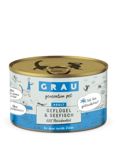 GRAU – das Original – Nassfutter für Katzen - Geflügel & Seefisch, 6er Pack (6 x 200 g), getreidefrei, für Erwachsene Katzen von Grau