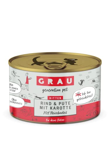 GRAU – das Original – Nassfutter für Katzen - Kitten - Rind, Pute & Karotte, 6er Pack (6 x 200 g), getreidefrei, für Kitten von Grau