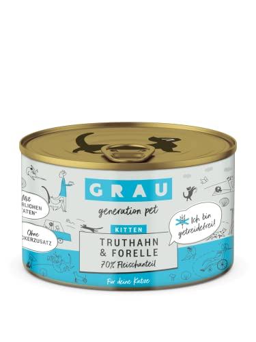 GRAU – das Original – Nassfutter für Katzen - Kitten - Truthahn & Forelle, 6er Pack (6 x 200 g), getreidefrei, für Kitten von Grau