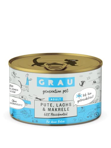 GRAU – das Original – Nassfutter für Katzen - Pute, Lachs, Makrele, 6er Pack (6 x 200 g), getreidefrei, für Erwachsene Katzen von Grau