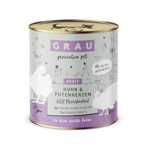 Grau – das Original – Nassfutter für Katzen - Huhn & Putenherzen, 1er Pack (1 x 800g), getreidefrei, für Erwachsene Katzen von Grau