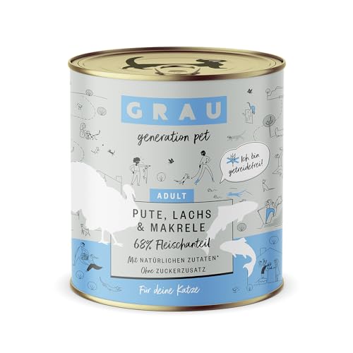 Grau – das Original – Nassfutter für Katzen - Pute, Lachs, Makrele, 1er Pack (1 x 800g), getreidefrei, für Erwachsene Katzen von Grau