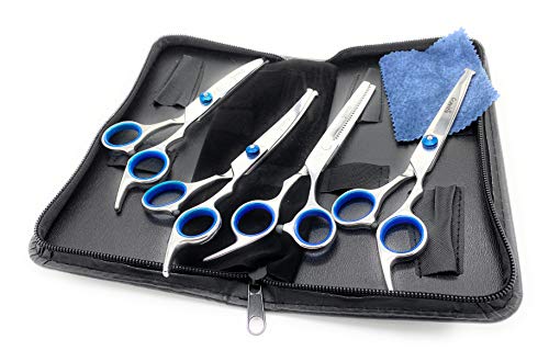 Gravitis Pet Supplies Professionelle Fellschere für Hunde, 5-teiliges Set mit Etui, 2 x gebogene Scheren, Effilierschere (Mischschere), gerade Schere und Kamm (blau) von Gravitis