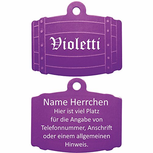 Hundemarke Fass mit Gravur auf beiden Seiten (violett) von GravoTech